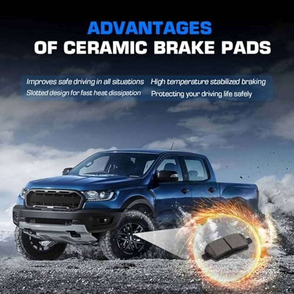 Ceramic brake pads shown near vehicle braking, with pad close to impact sparks