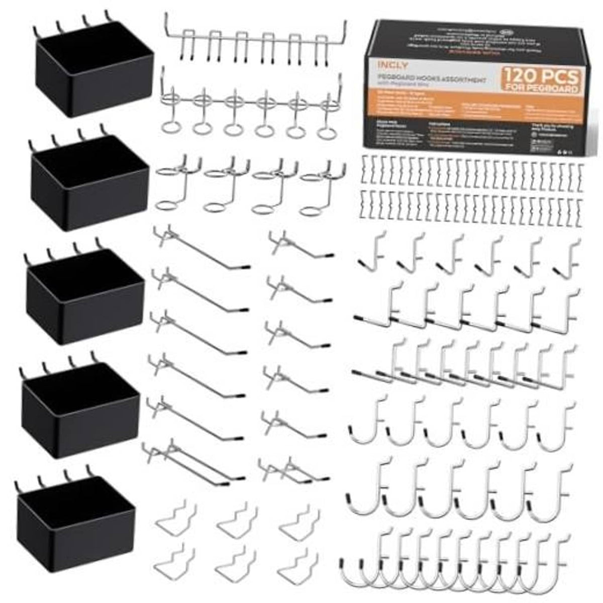 Pegboard hook organizer kit with black bins and assorted metal hooks and brackets