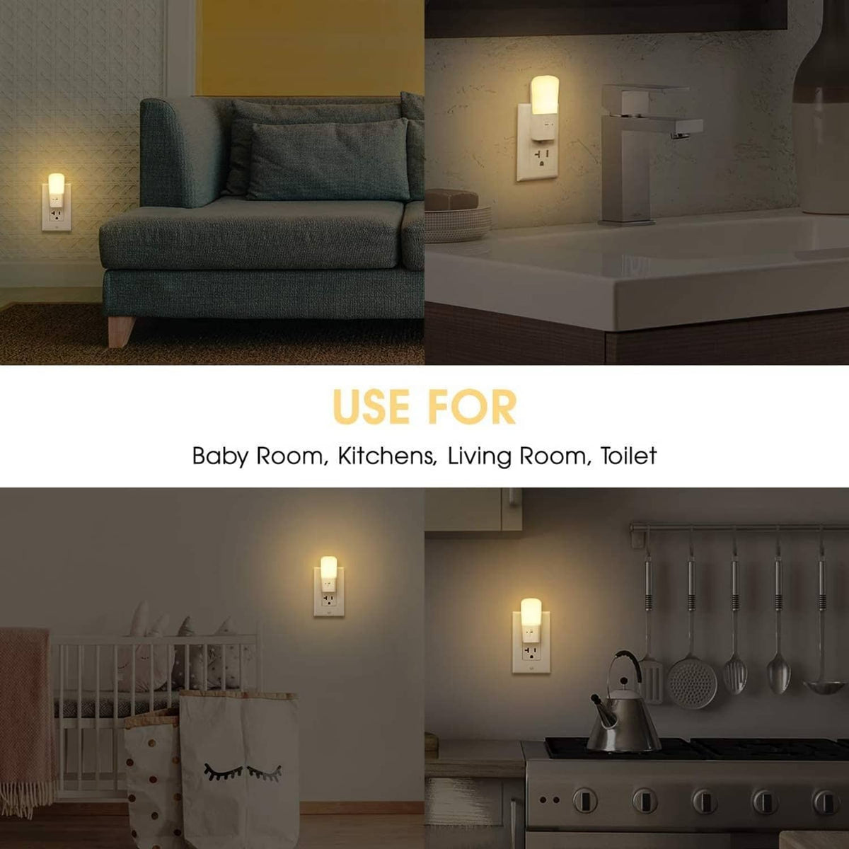 White dimmable LED night light with warm glow plugged into a wall outlet