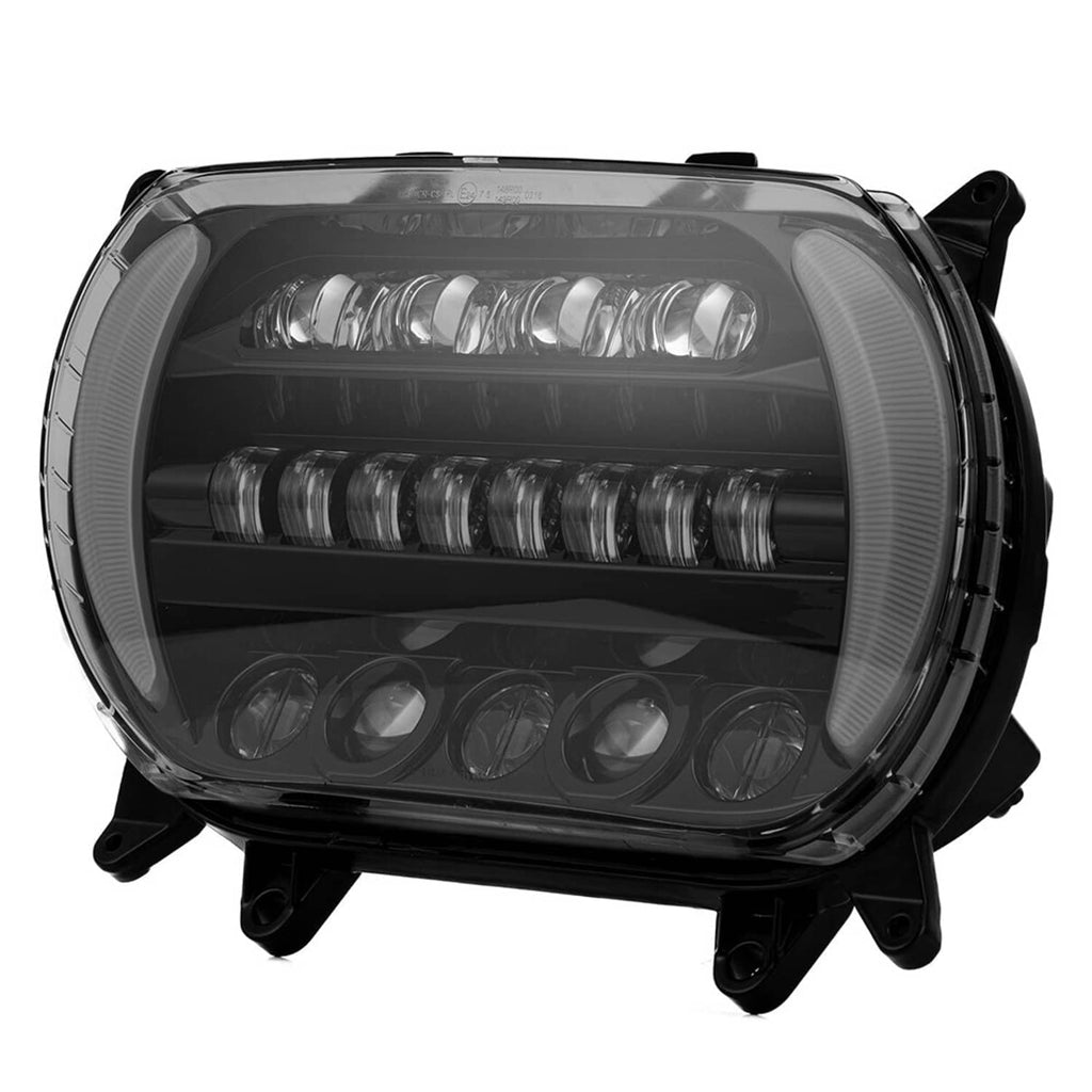 Smoke-tinted LED headlight with dual light bars and side projector modules