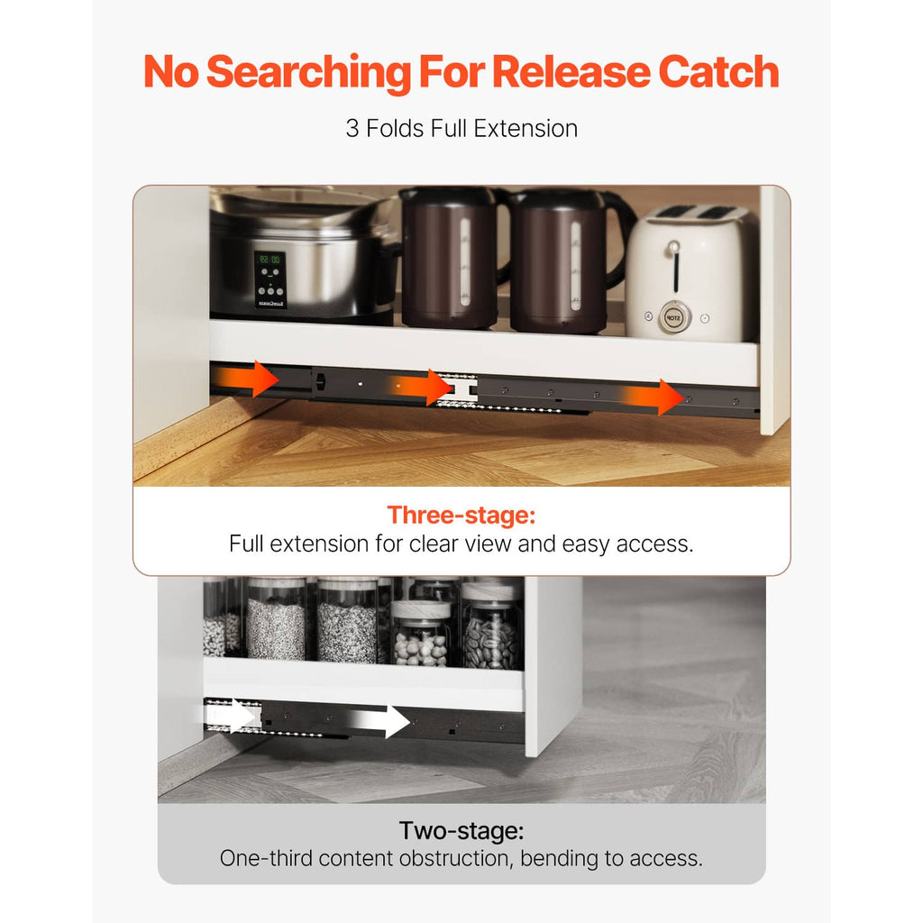 Drawer slide rails with full-extension travel diagram and release-catch guidance