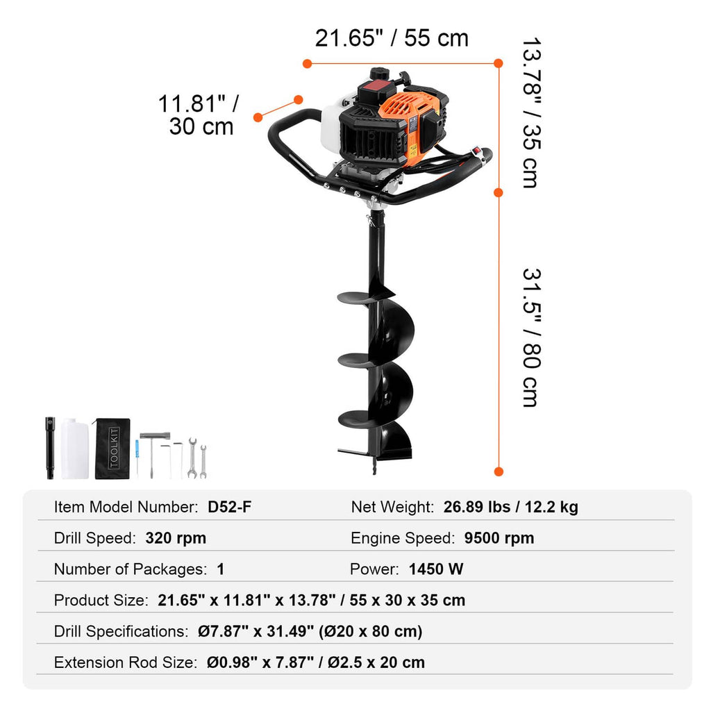 Gas post hole digger with auger bit and side handle, product size diagram view