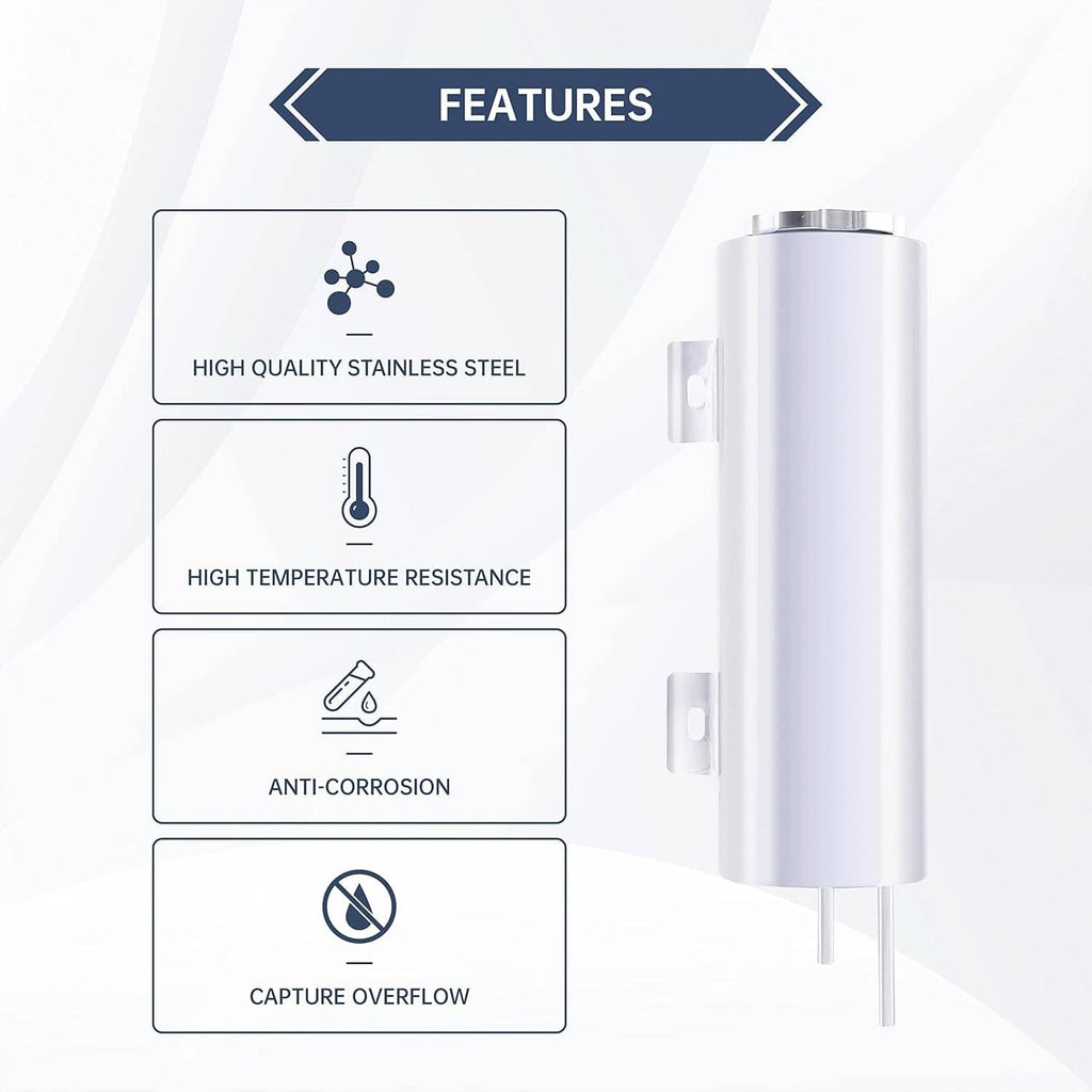 Stainless steel overflow tank with side mounting clips and inlet tubes