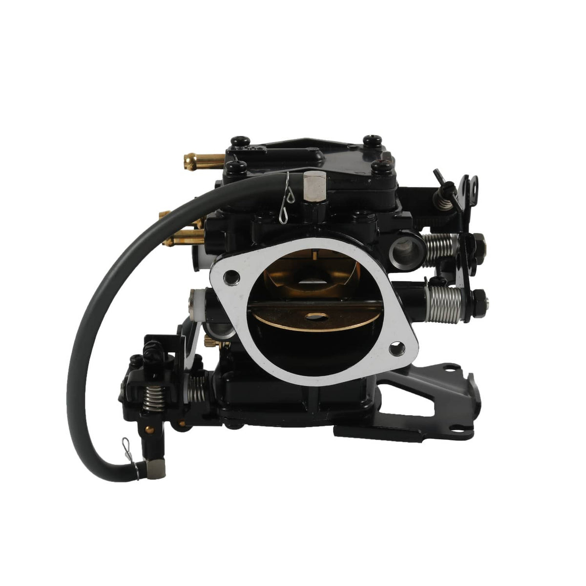 Black carburetor assembly with circular throttle body and attached fuel line