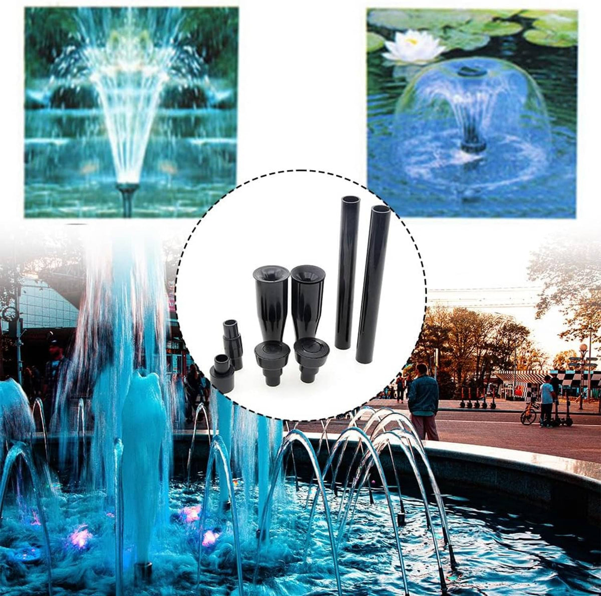 Eight-piece dark gray fountain nozzle kit with tubes and adapter connectors