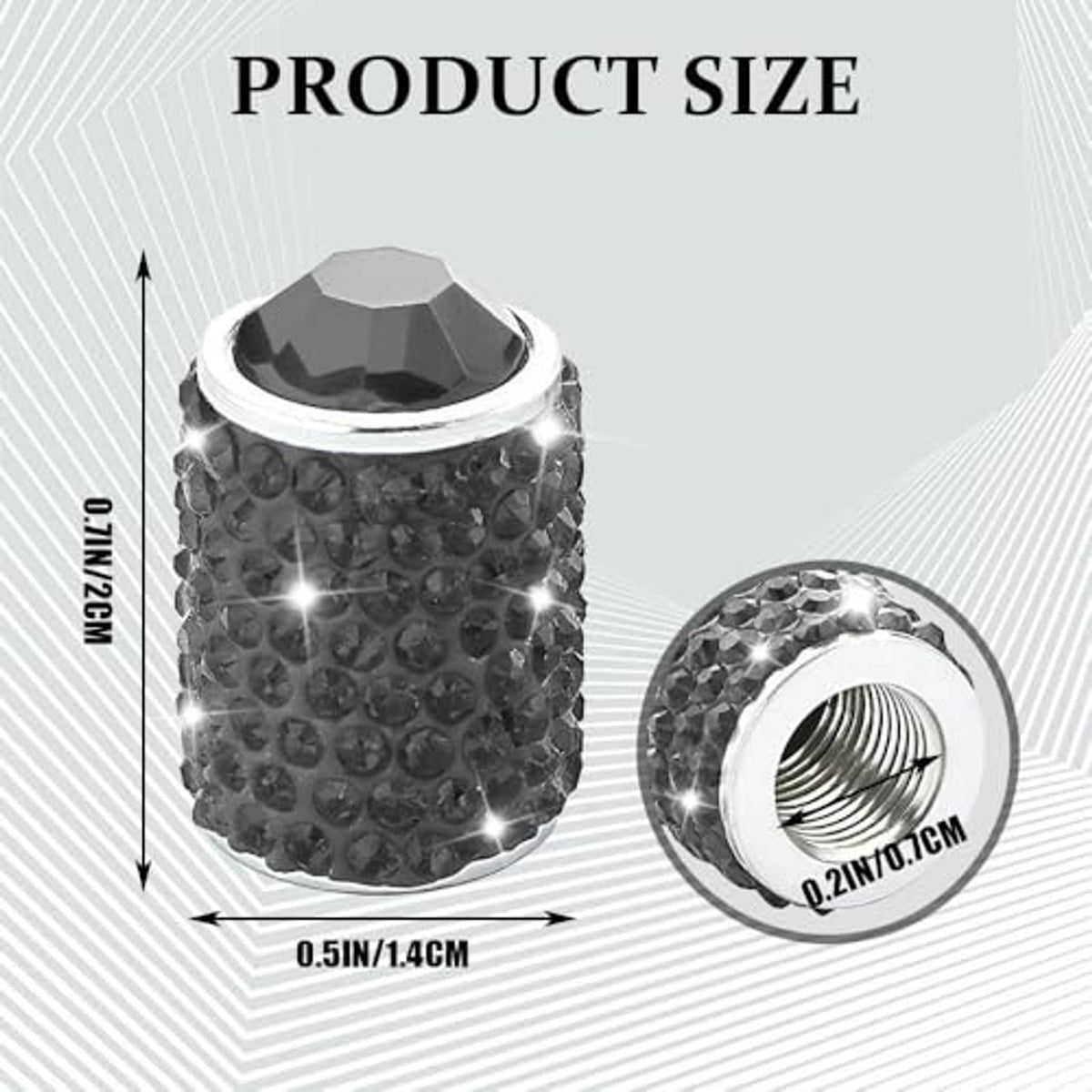 Rhinestone-look tire valve stem cap with chrome rim and dark black sparkle pattern