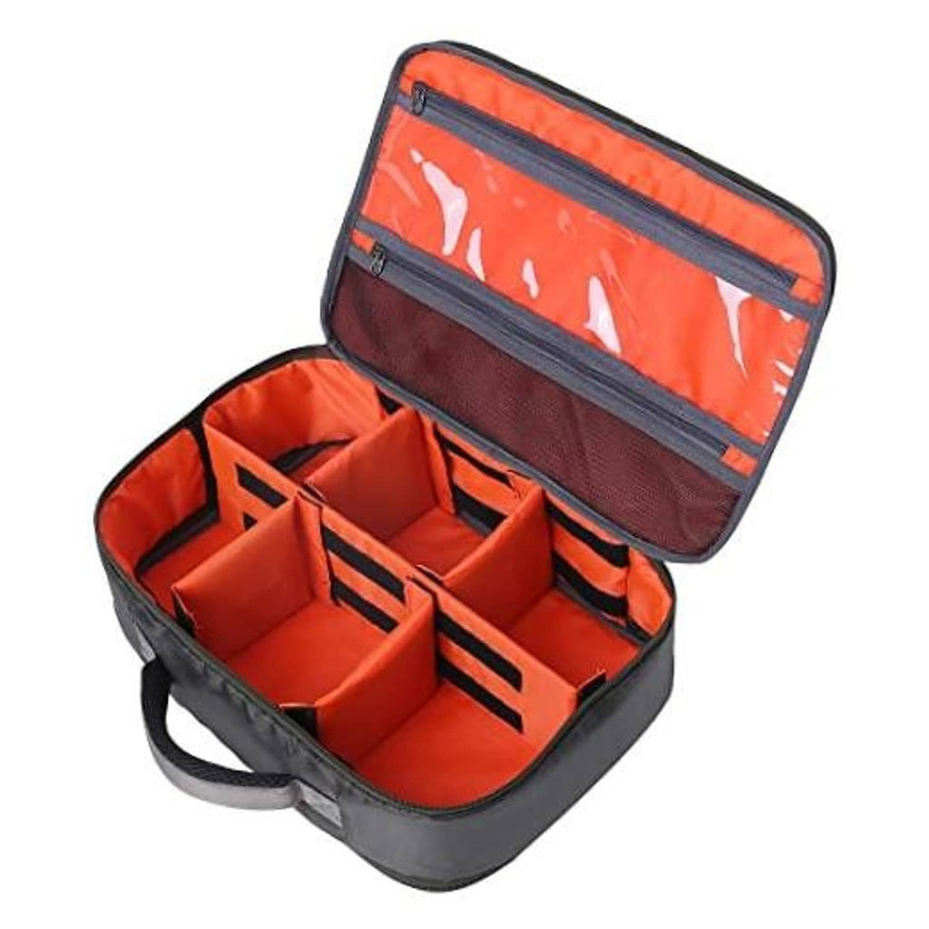Orange and dark gray fishing reel travel case open with padded organizer compartments