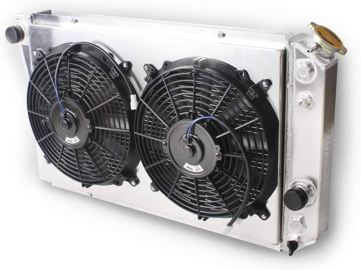 Aluminum radiator with two black electric cooling fans and mounting brackets
