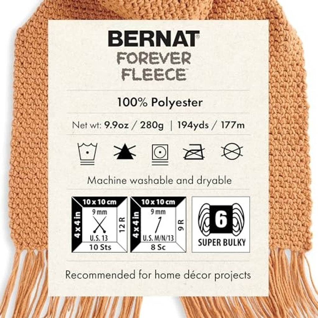 Bernat Forever Fleece orange yarn label: 100% polyester, super bulky, machine washable