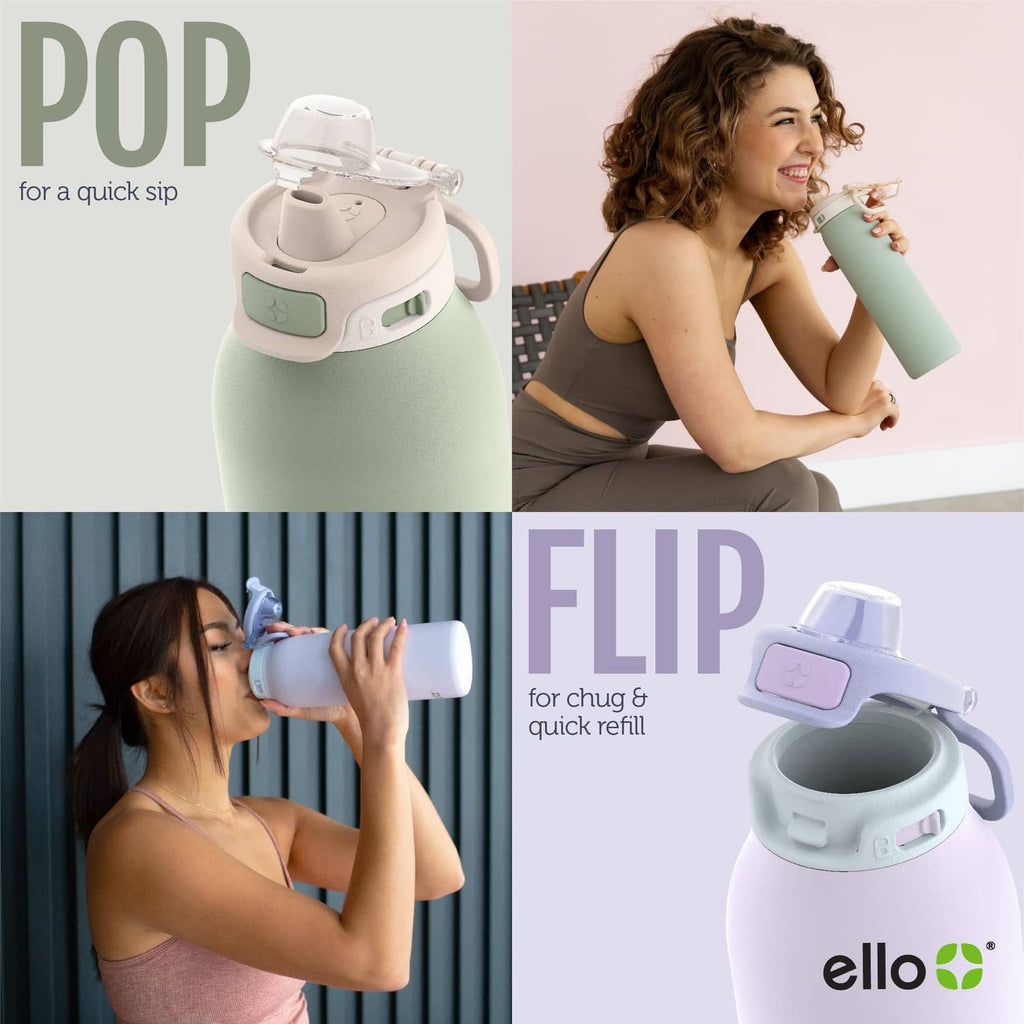 Light mint stainless steel water bottle with white flip lid and carry handle