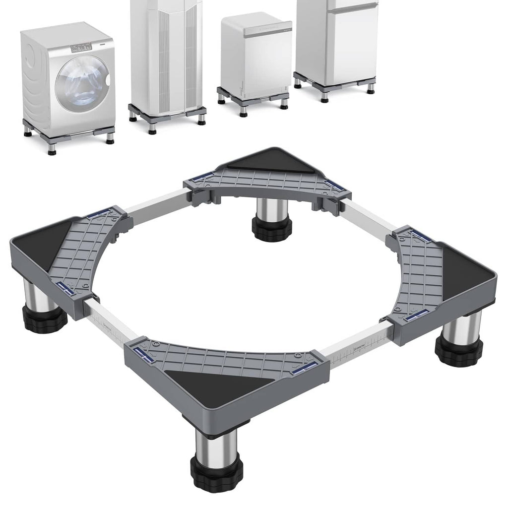 Adjustable gray mini fridge stand with four telescopic legs and non-slip base pads