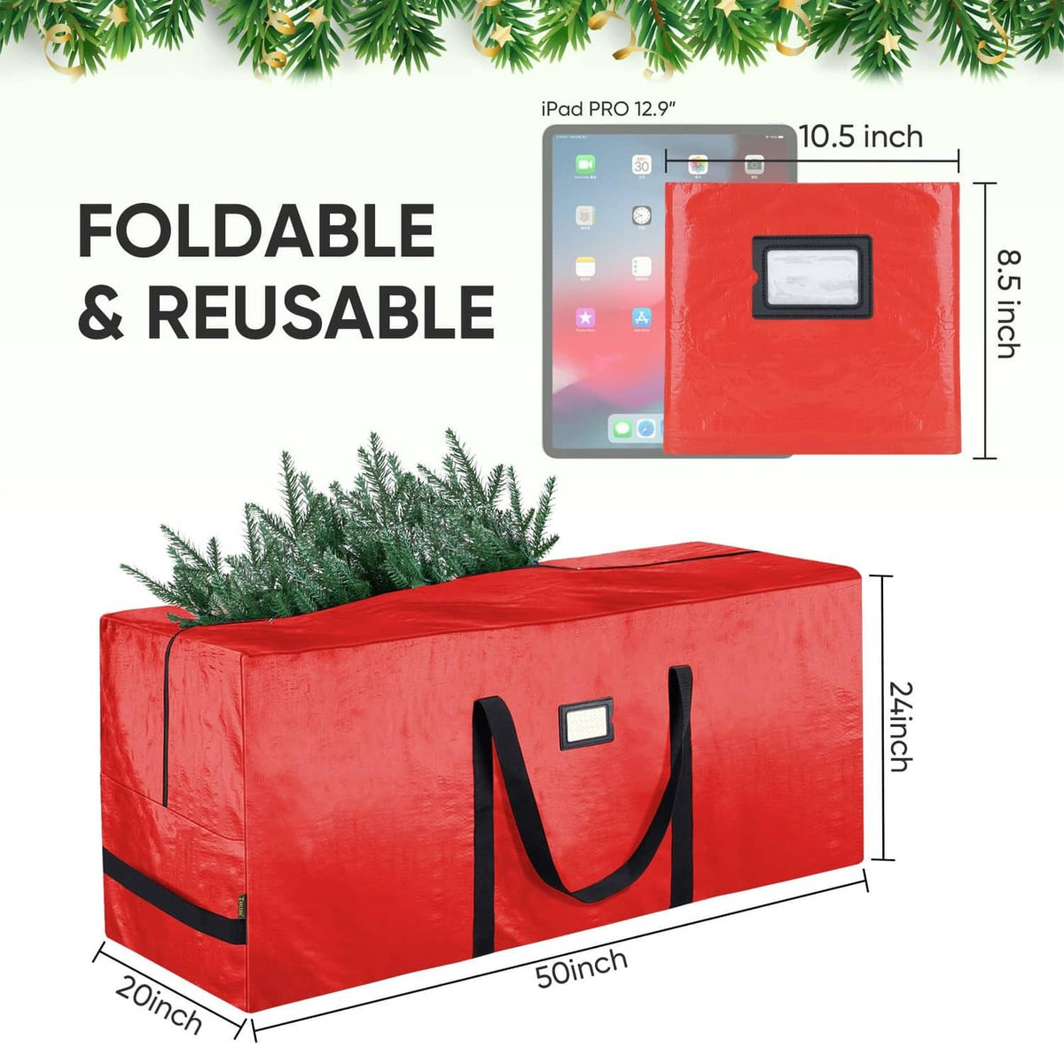 Foldable Christmas tree storage bag, red fabric with black handles and top ID window