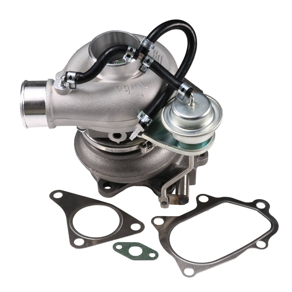 Silver turbocharger with black hose and flange, with several metal gaskets included