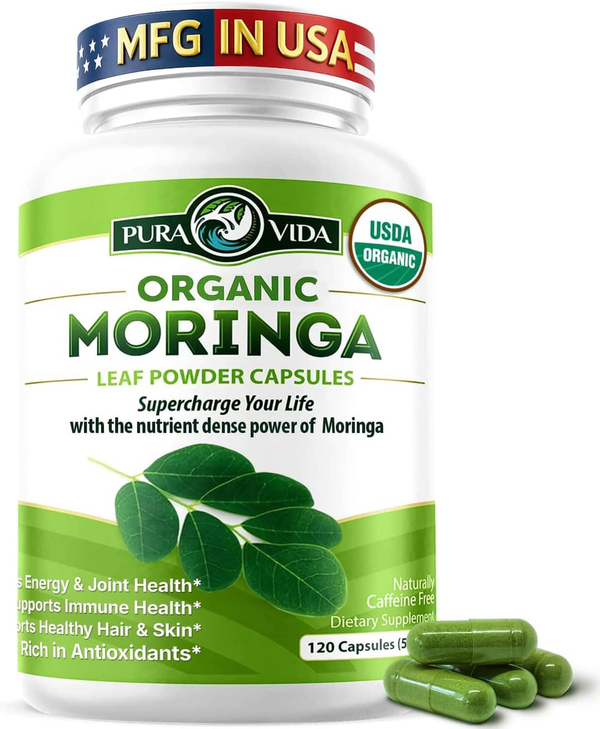 Organic moringa leaf powder capsules bottle with green capsules and moringa leaves
