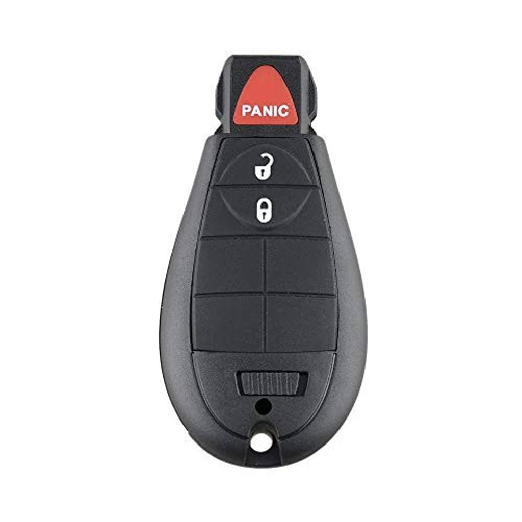 Black car key fob with red PANIC button and three-button keypad
