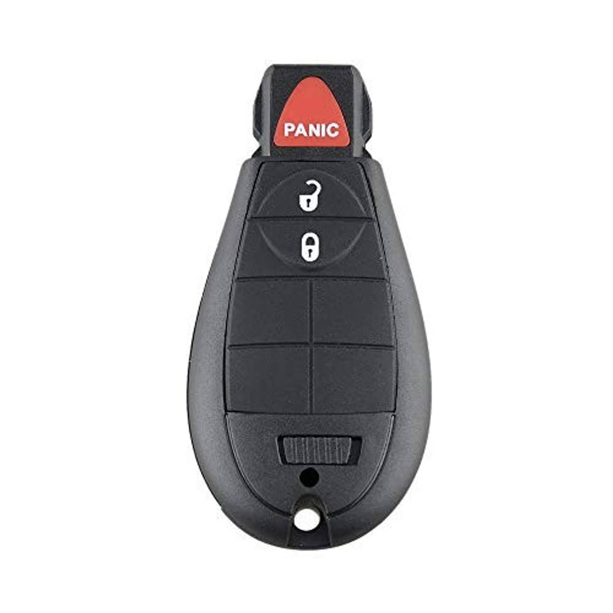 Black car key fob with red PANIC button and three-button keypad