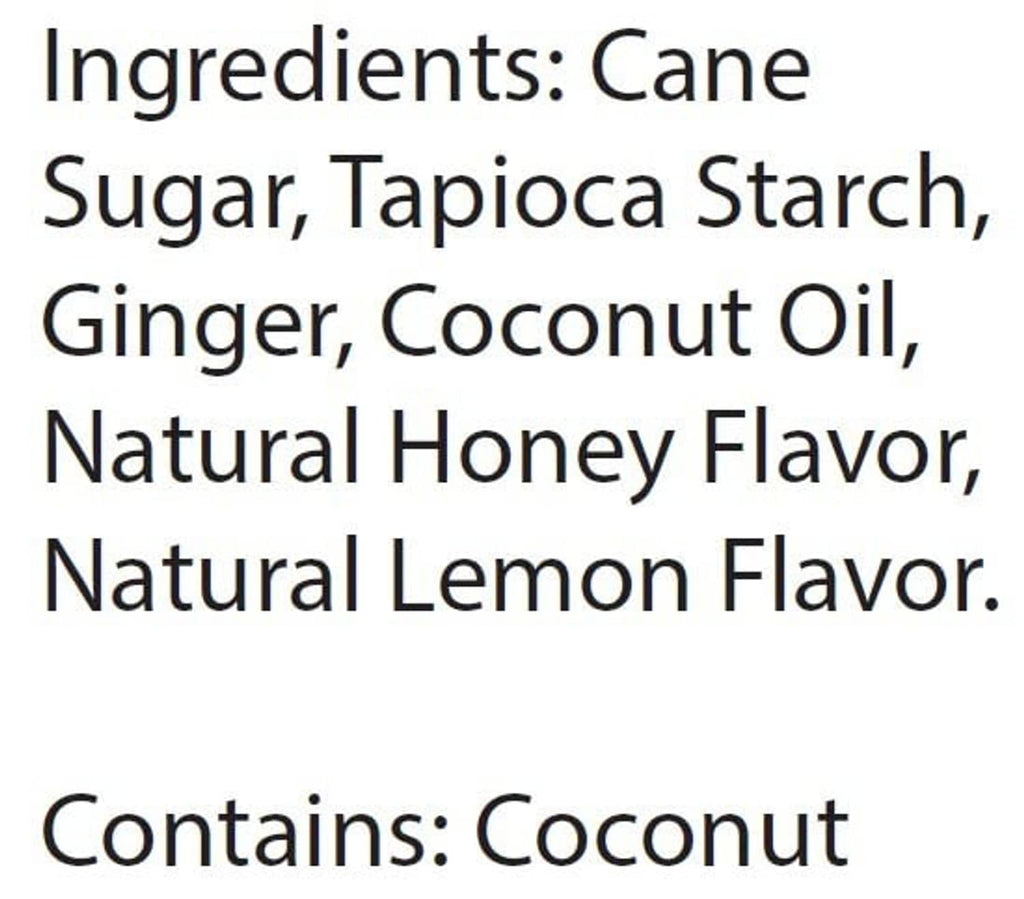 Ingredients label: cane sugar, tapioca starch, ginger, coconut oil, natural lemon flavor