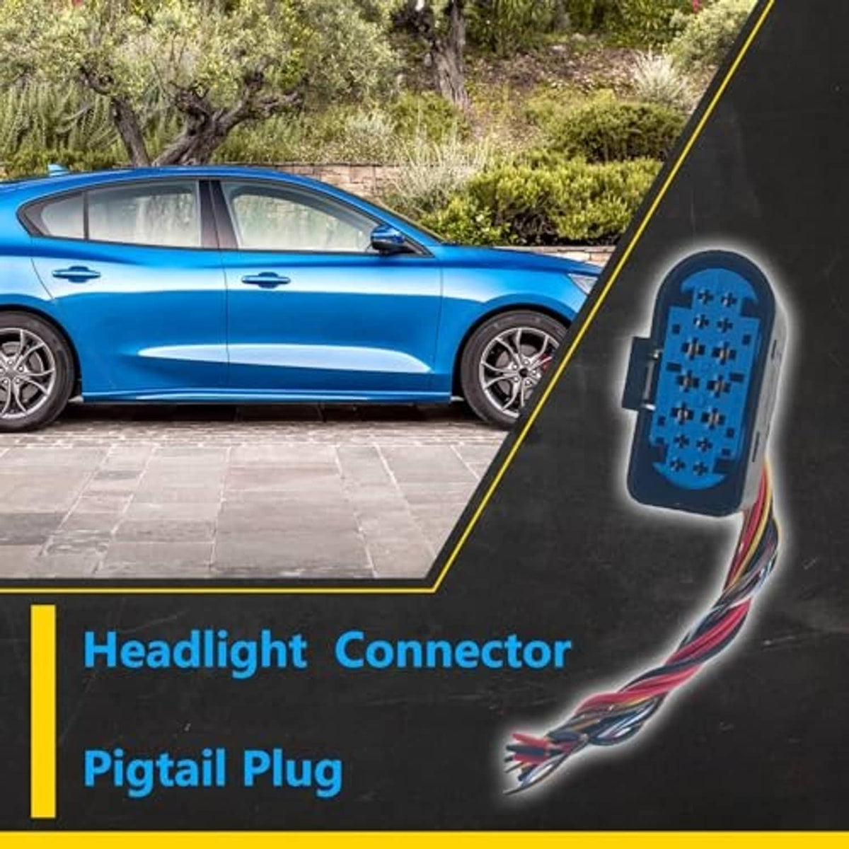 Blue 14-pin headlight connector pigtail plug with multicolor wire bundle