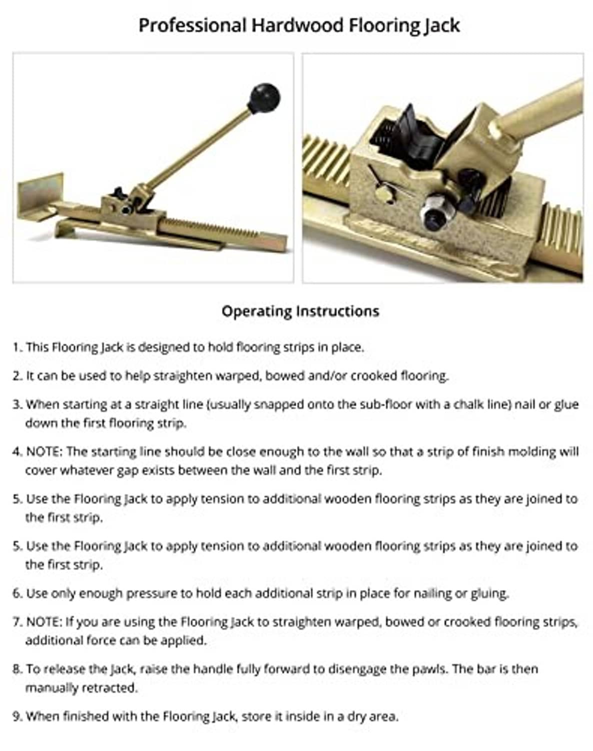 Flooring jack operating instructions sheet with setup and mechanism close-up