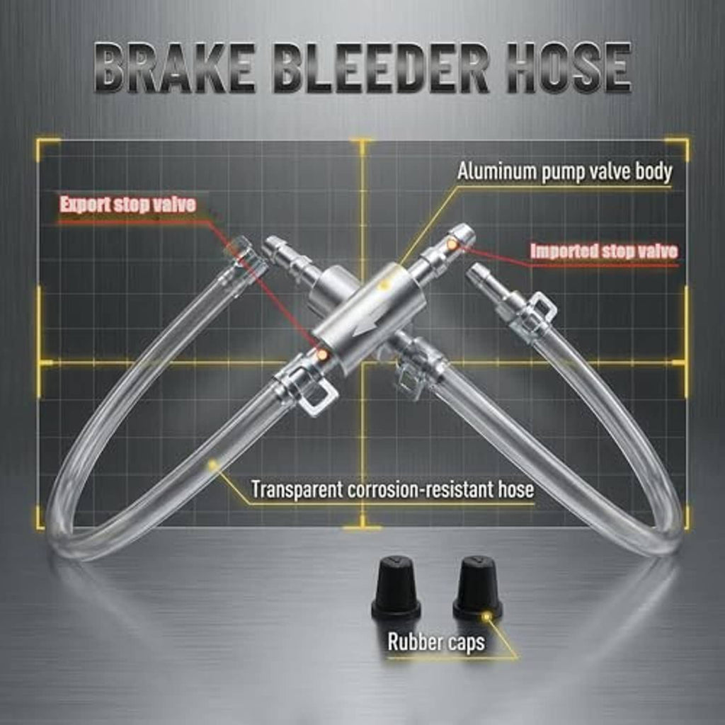 Brake bleeder hose with aluminum pump valve body and corrosion-resistant transparent tubing