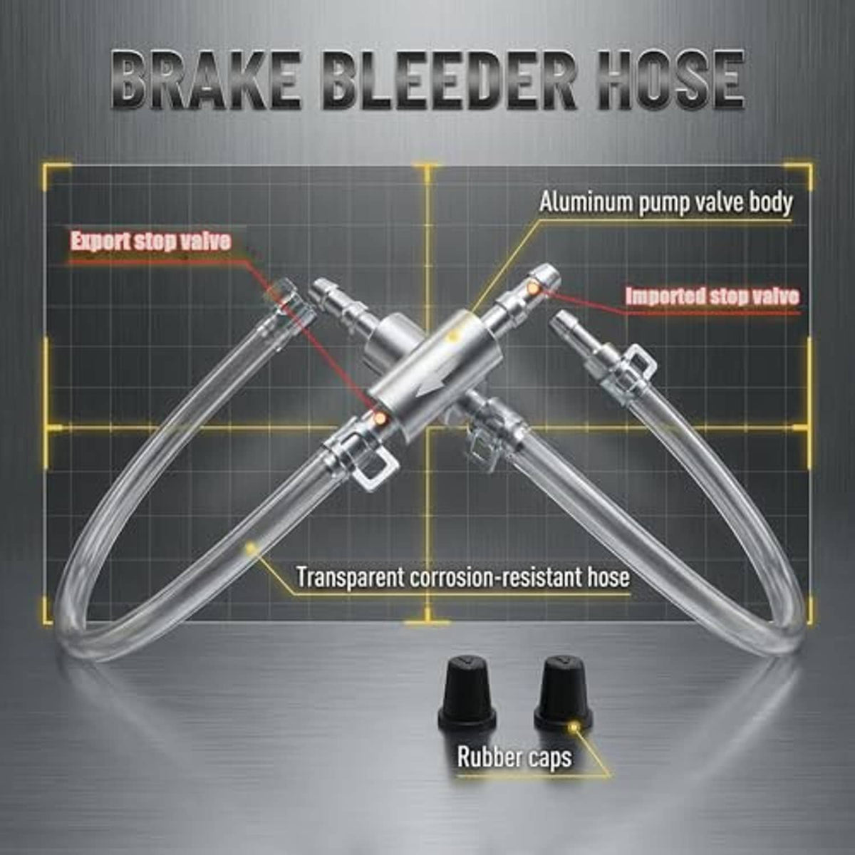 Brake bleeder hose with aluminum pump valve body and corrosion-resistant transparent tubing