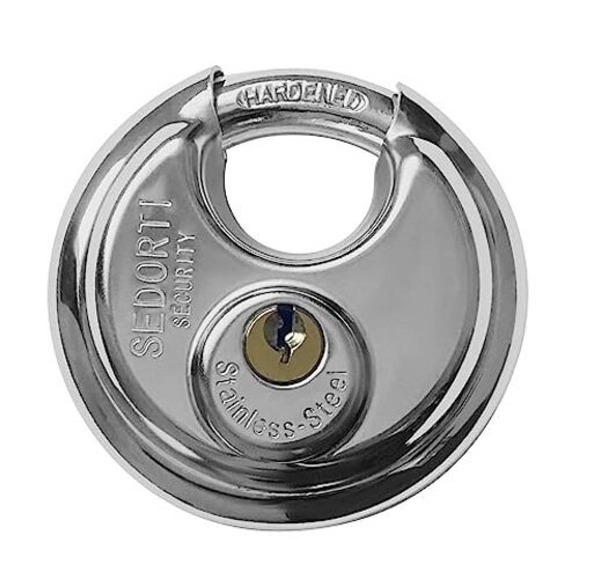Stainless steel disc padlock with brass key cylinder and circular shackle opening