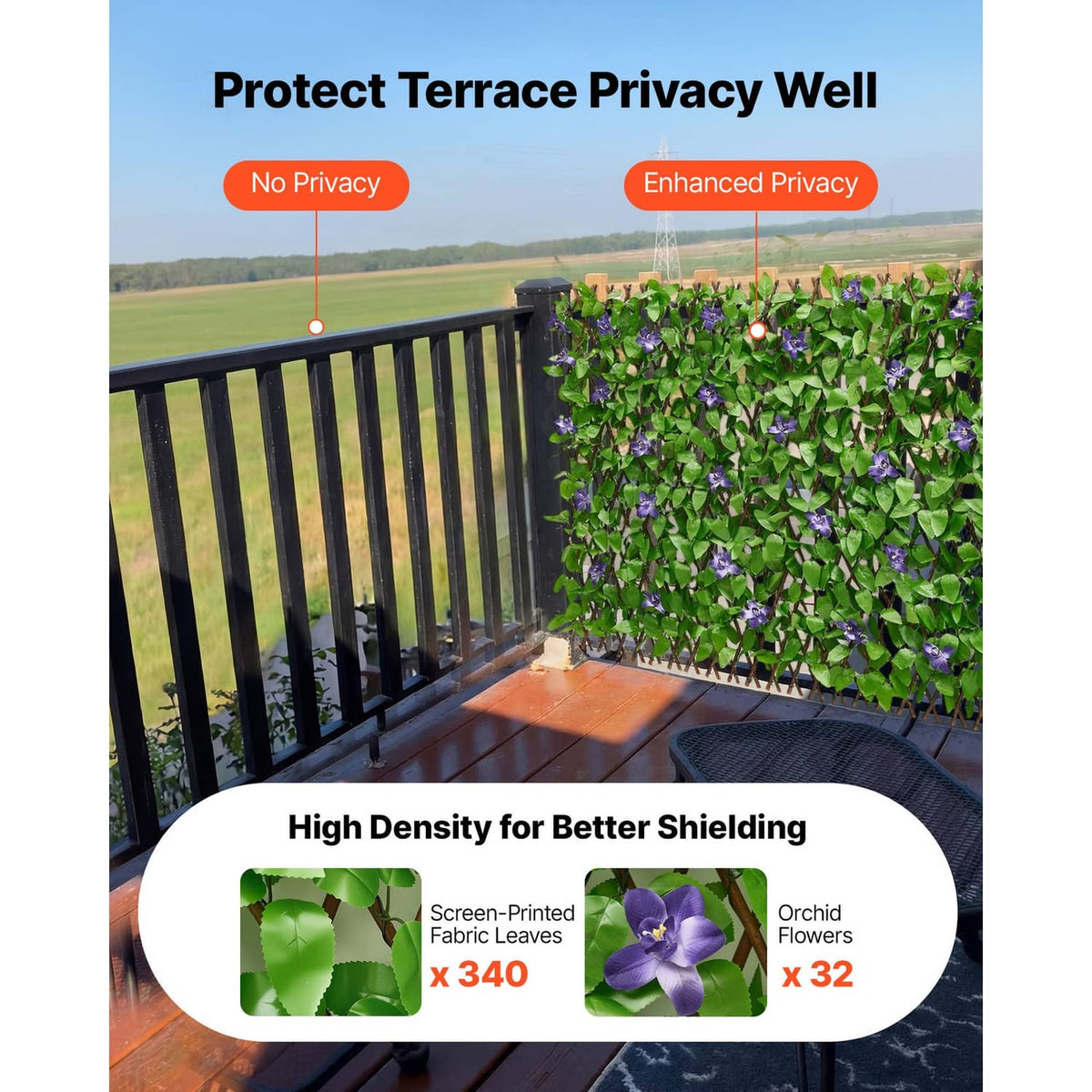 Patio privacy screen panel featuring green artificial ivy with purple flower clusters