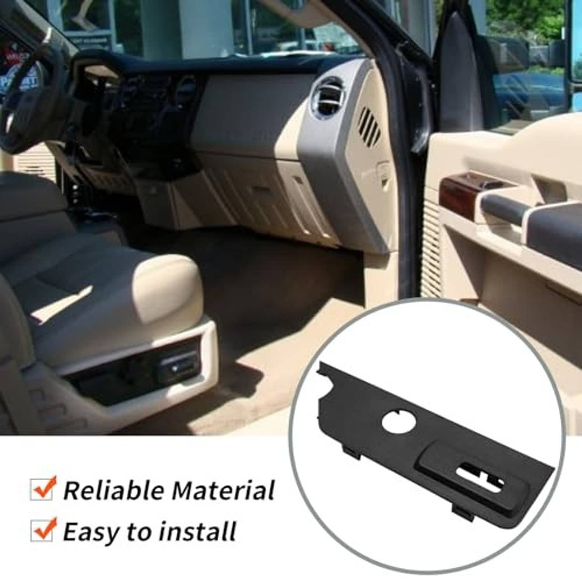 Dark gray seat switch trim bezel panel with circular hole, slot, and mounting tabs