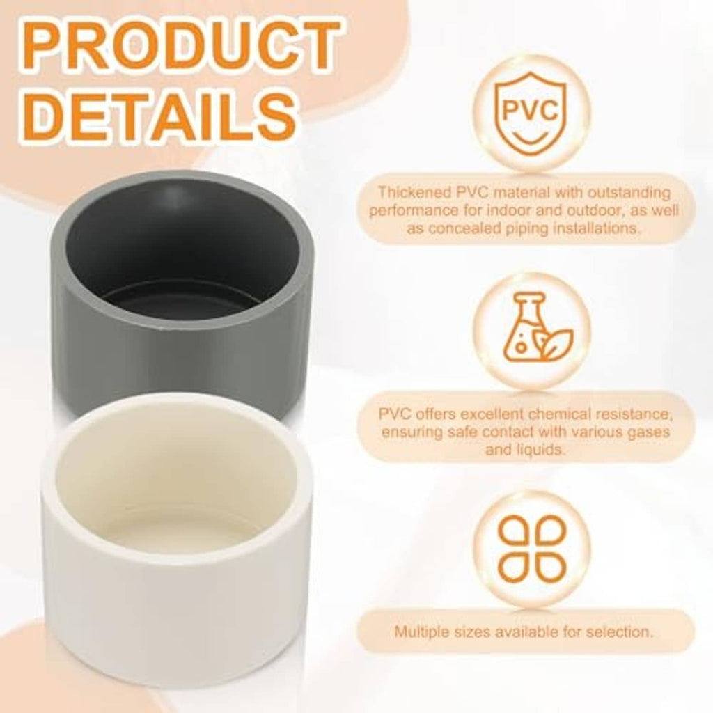 White PVC pipe end cap plugs, thickened design, shown with one cap stacked on another
