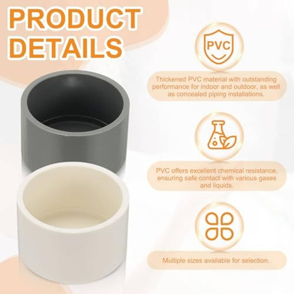 White PVC pipe end cap plugs, thickened design, shown with one cap stacked on another