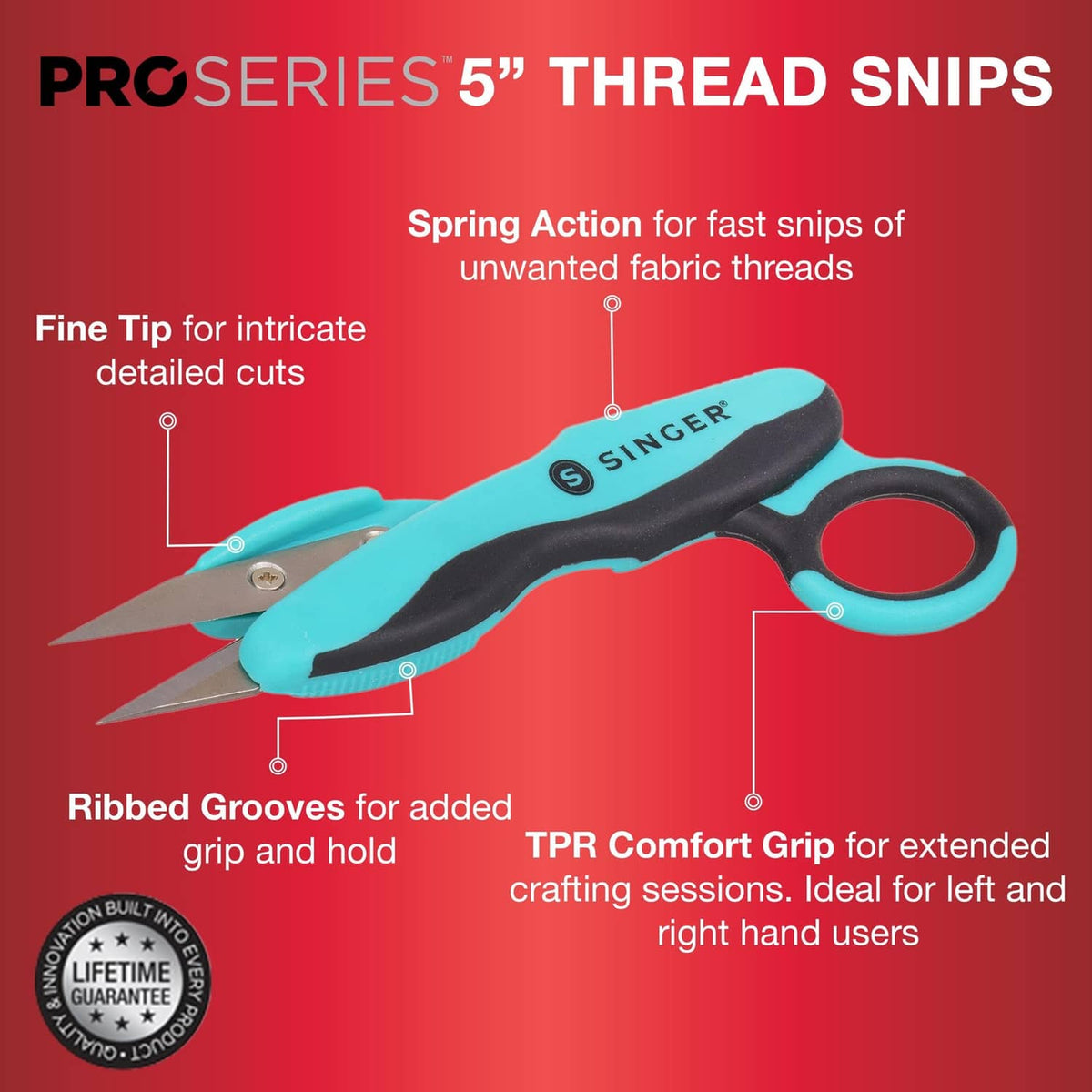 Teal-and-black 5-inch thread snips with fine tips and TPR comfort grip