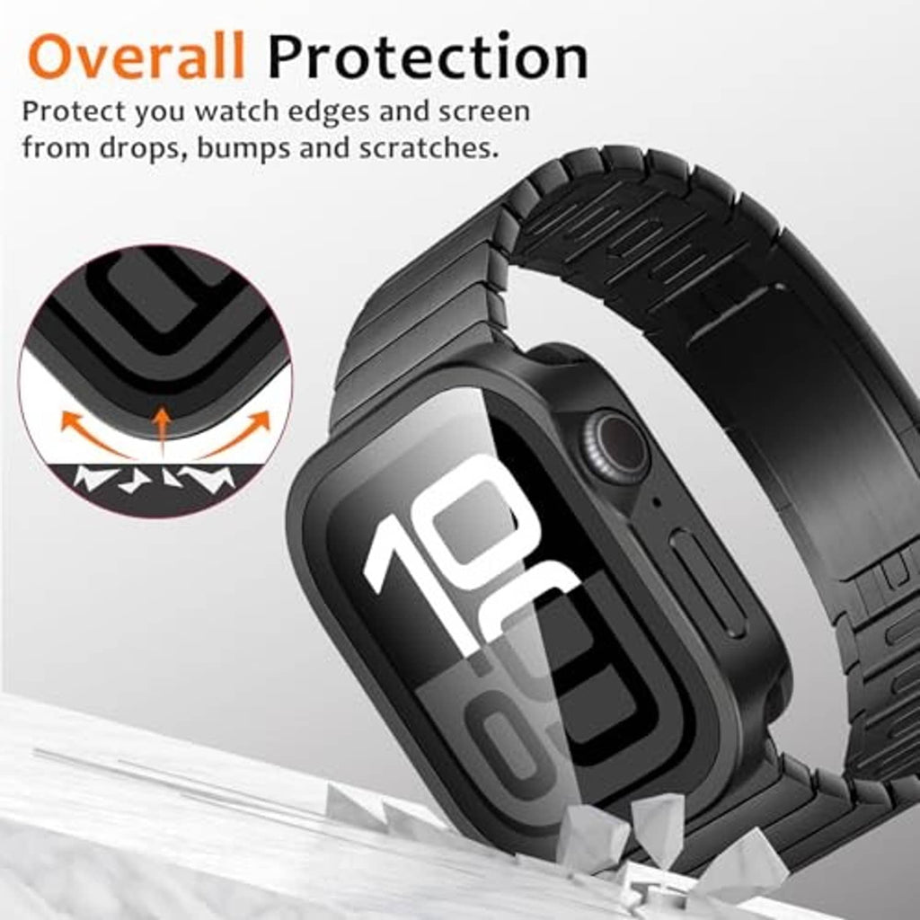 Black metal watch bumper with raised edges to help protect screen from drops