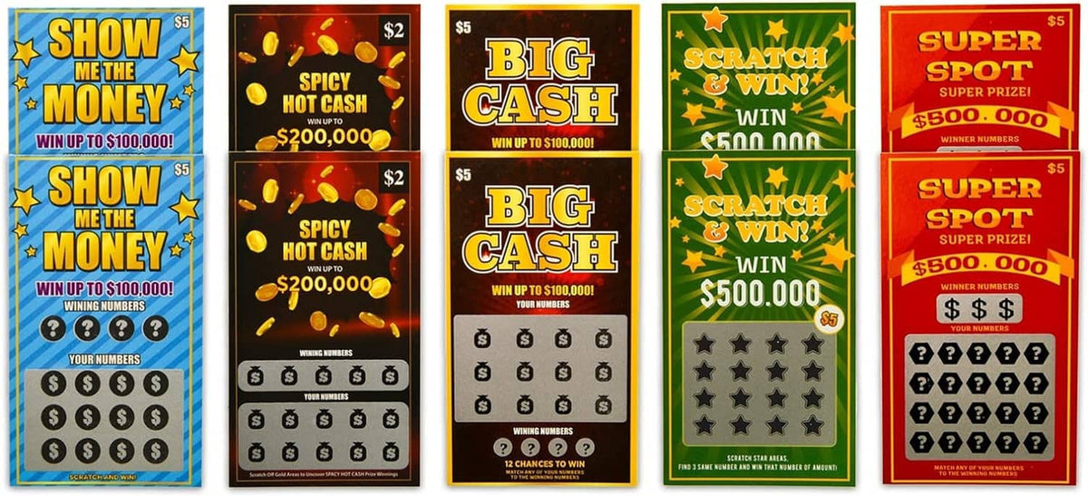Assorted scratch-off lottery tickets with $2, $5, and $500 price labels