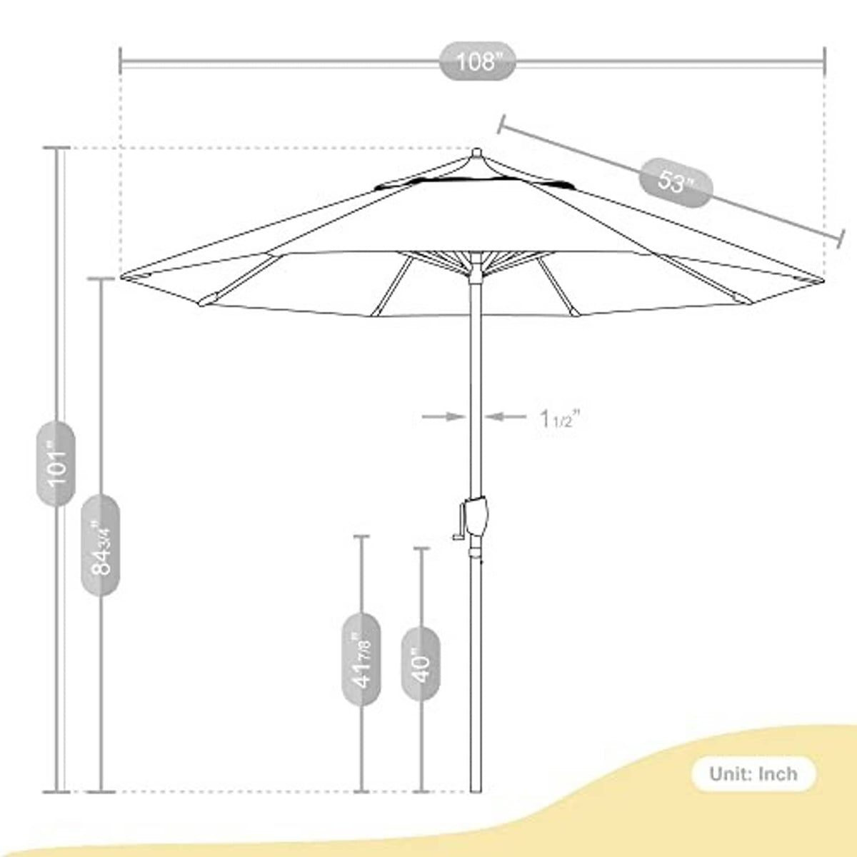 Black patio umbrella with dimension diagram showing crank-lift height and spread