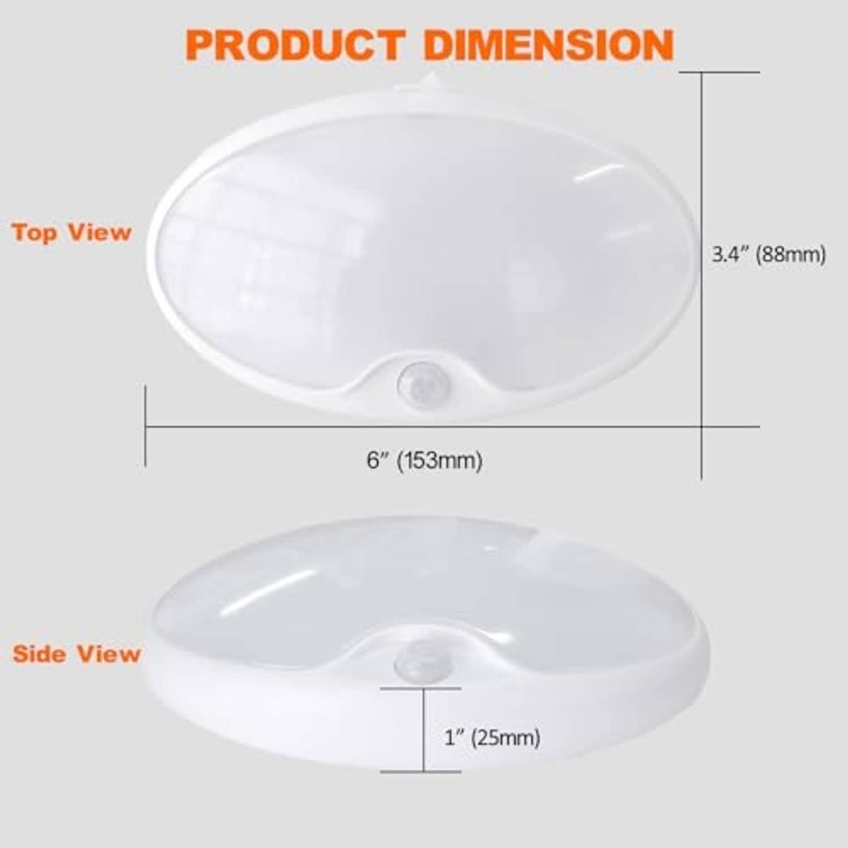 Oval LED ceiling light size diagram with 6 in length and 3.4 in width