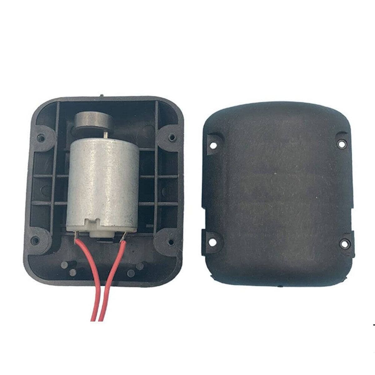 Vibration motor with exposed cylindrical core inside black housing