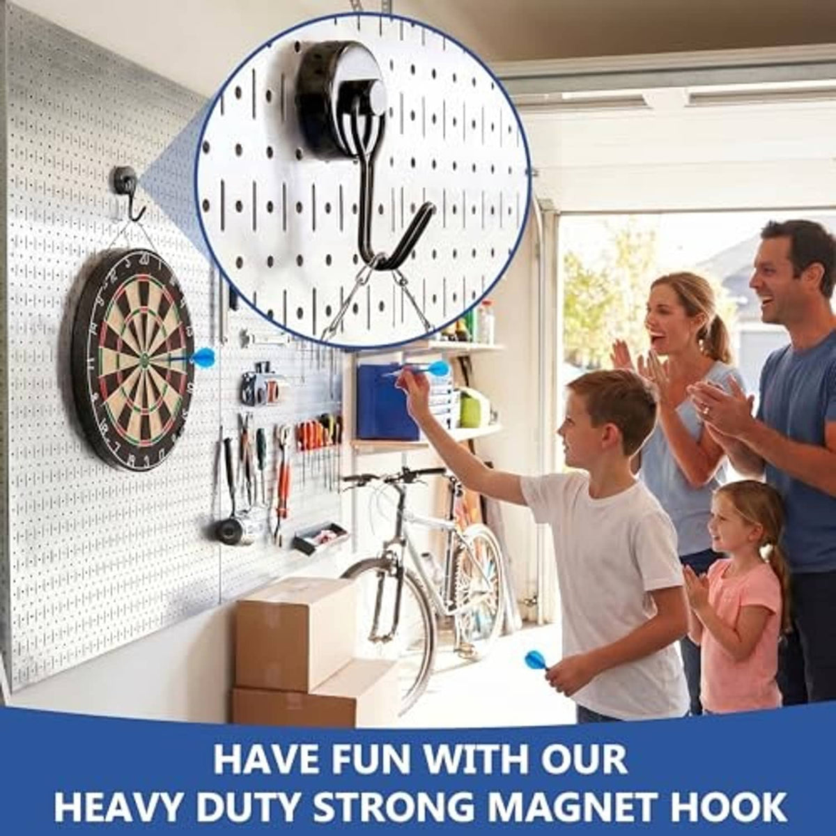 Black magnetic hooks with circular bases and curved ends mounted on perforated board