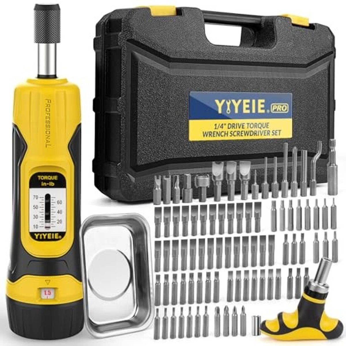 1/4 drive torque screwdriver set with yellow/black driver, black case, and bit assortment