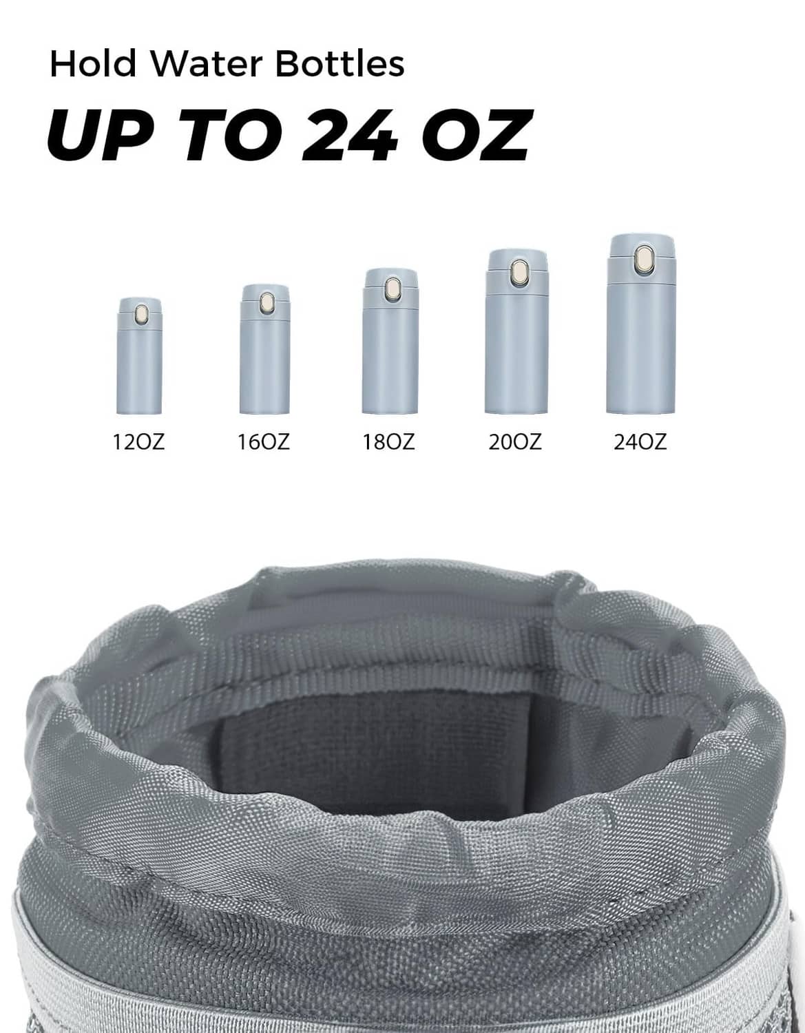 Gray fabric motorcycle cup holder pouch with open top and wide elastic rim