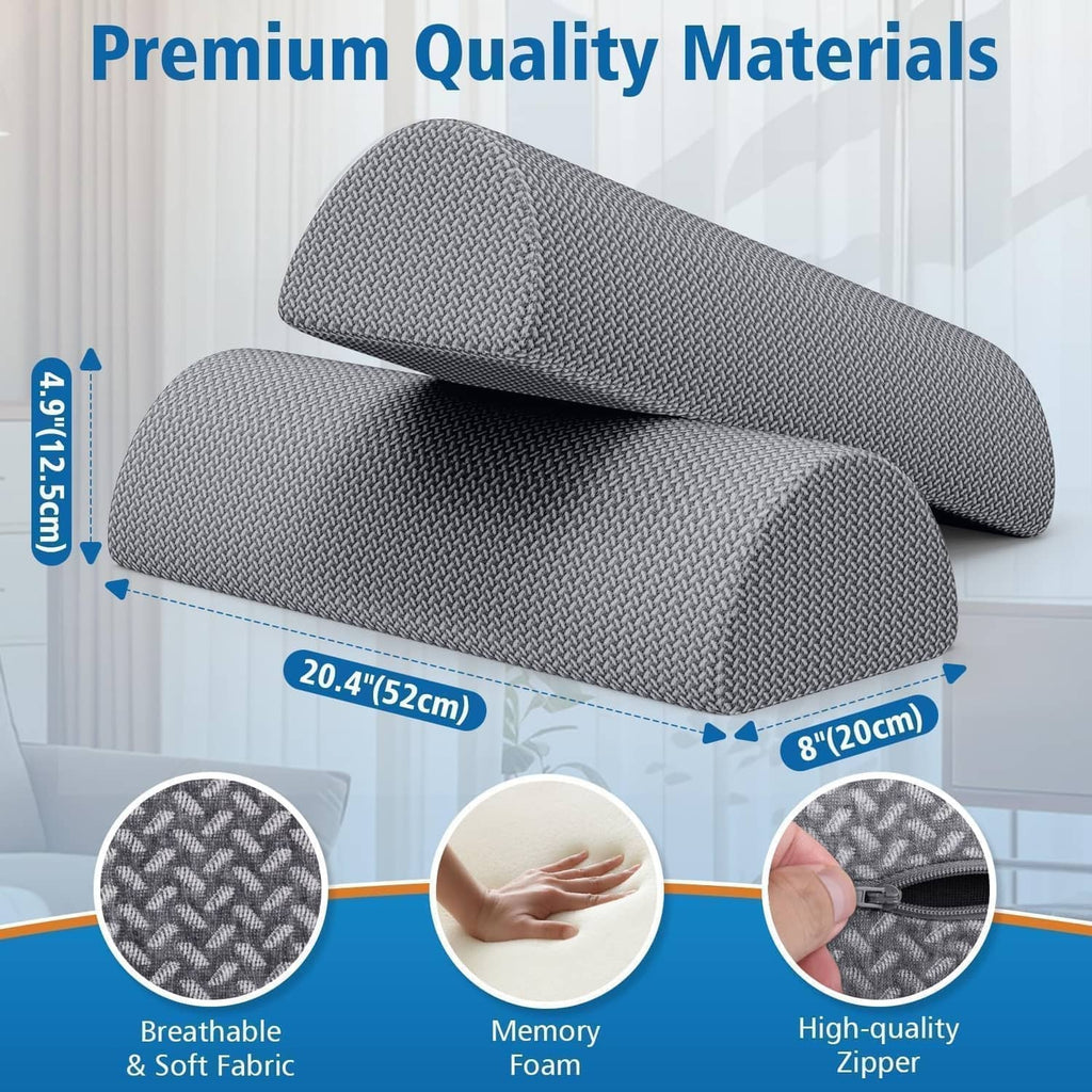 Gray half-moon knee pillow with textured fabric cover and stitched side seam