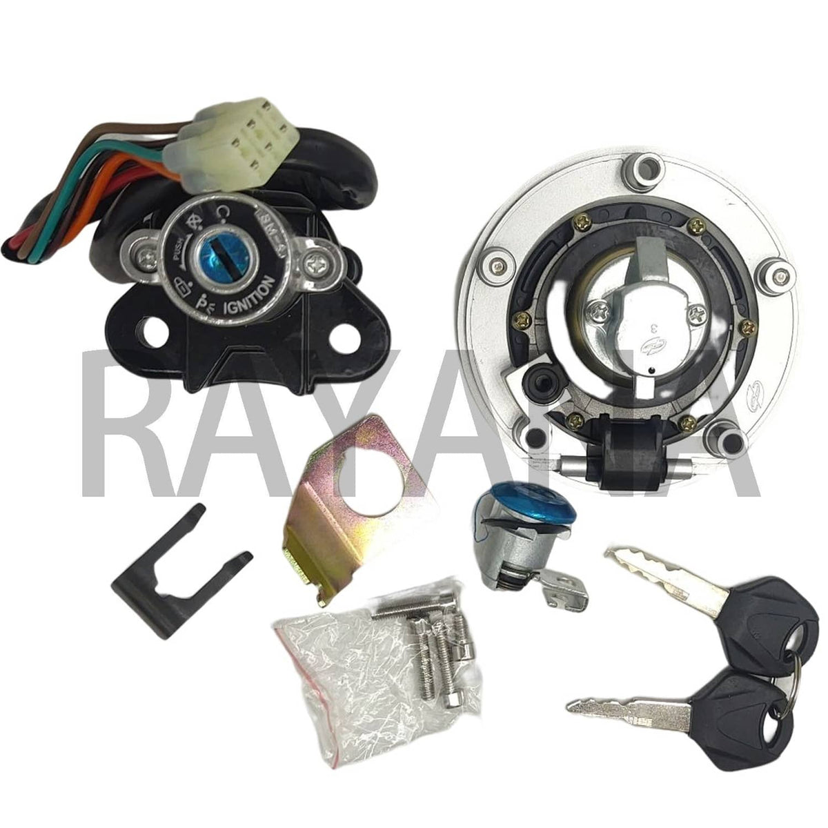 Ignition switch and fuel cap lock kit with disassembled lock parts, keys, cylinder, screws
