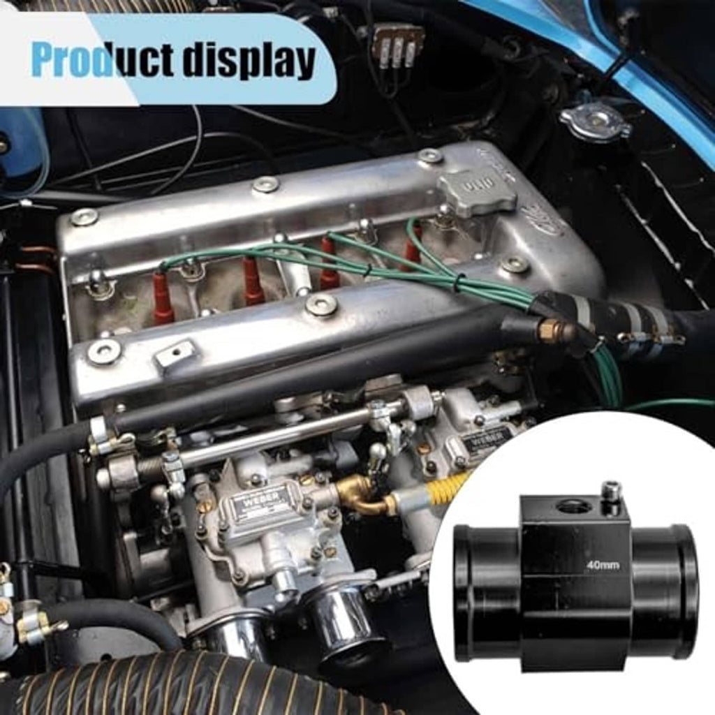 Engine bay installation with black 40mm water temperature sensor joint pipe inset view