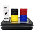 Left and right dice and colorful plastic chips on black game tray
