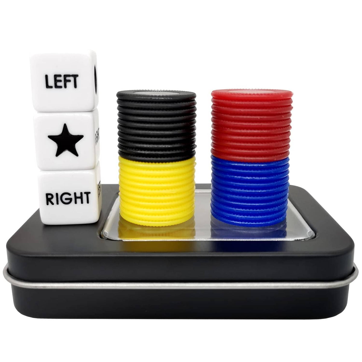 Left and right dice and colorful plastic chips on black game tray