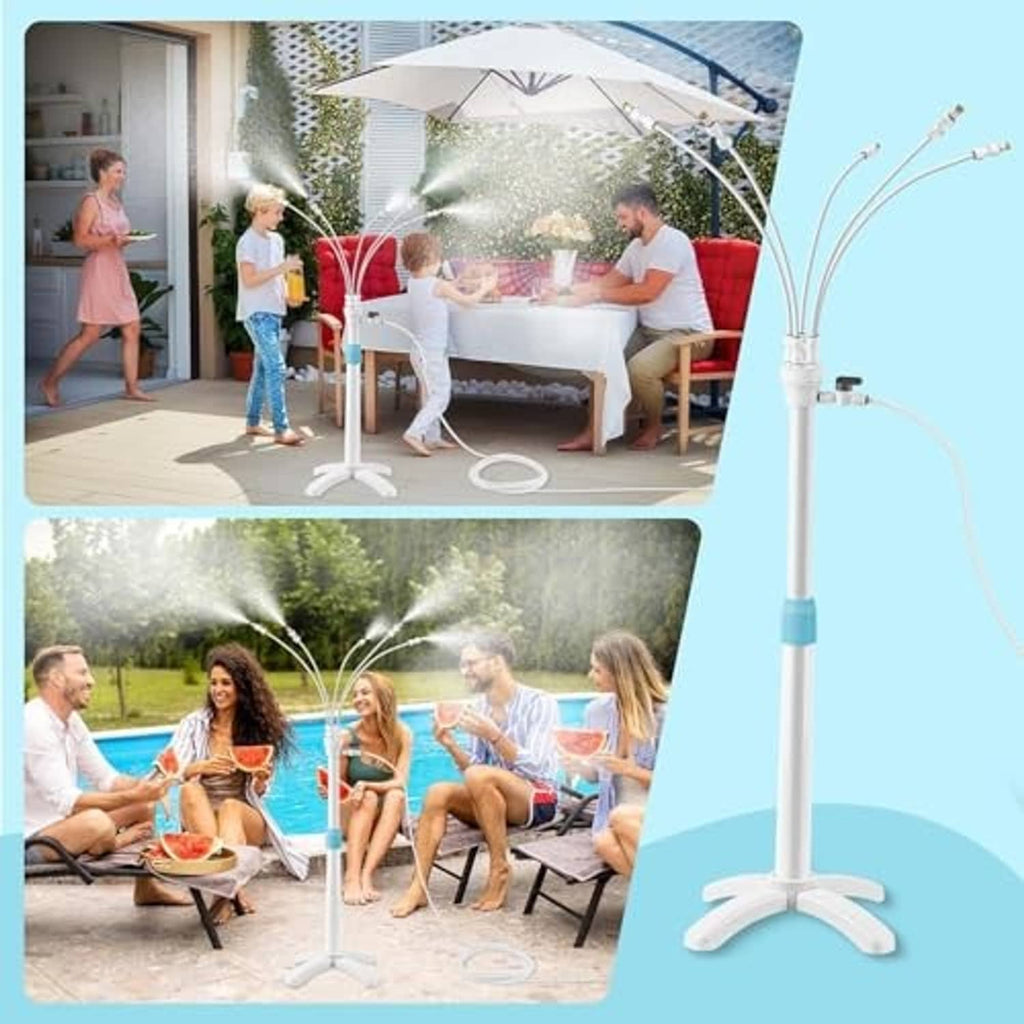 Outdoor standing mist sprayer with white pole and blue band, misting over patio area
