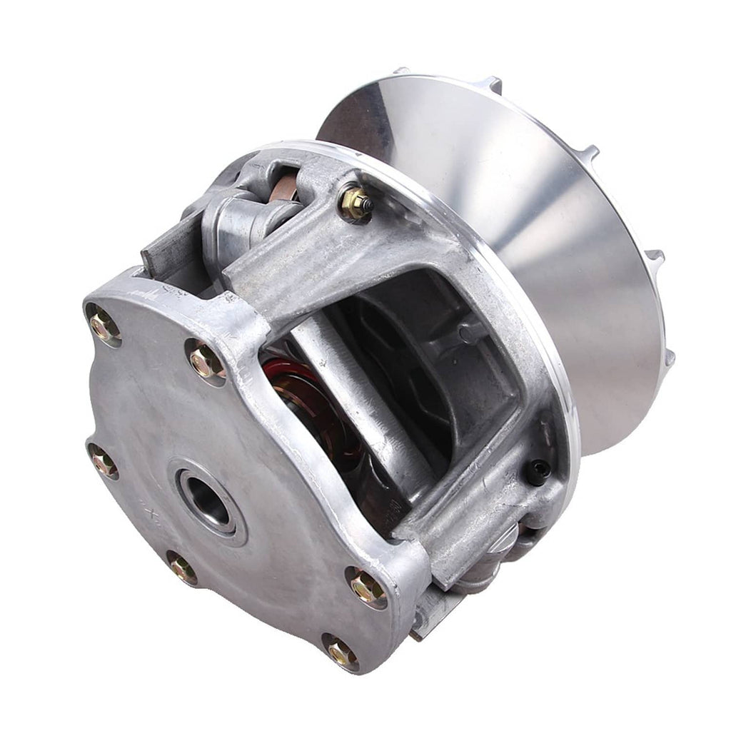 Three-quarter view of metal clutch housing with internal belt track and side ports