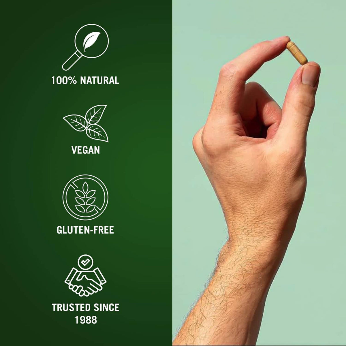 Detox supplement claims panel: 100% natural, vegan, gluten-free, trusted since 1988