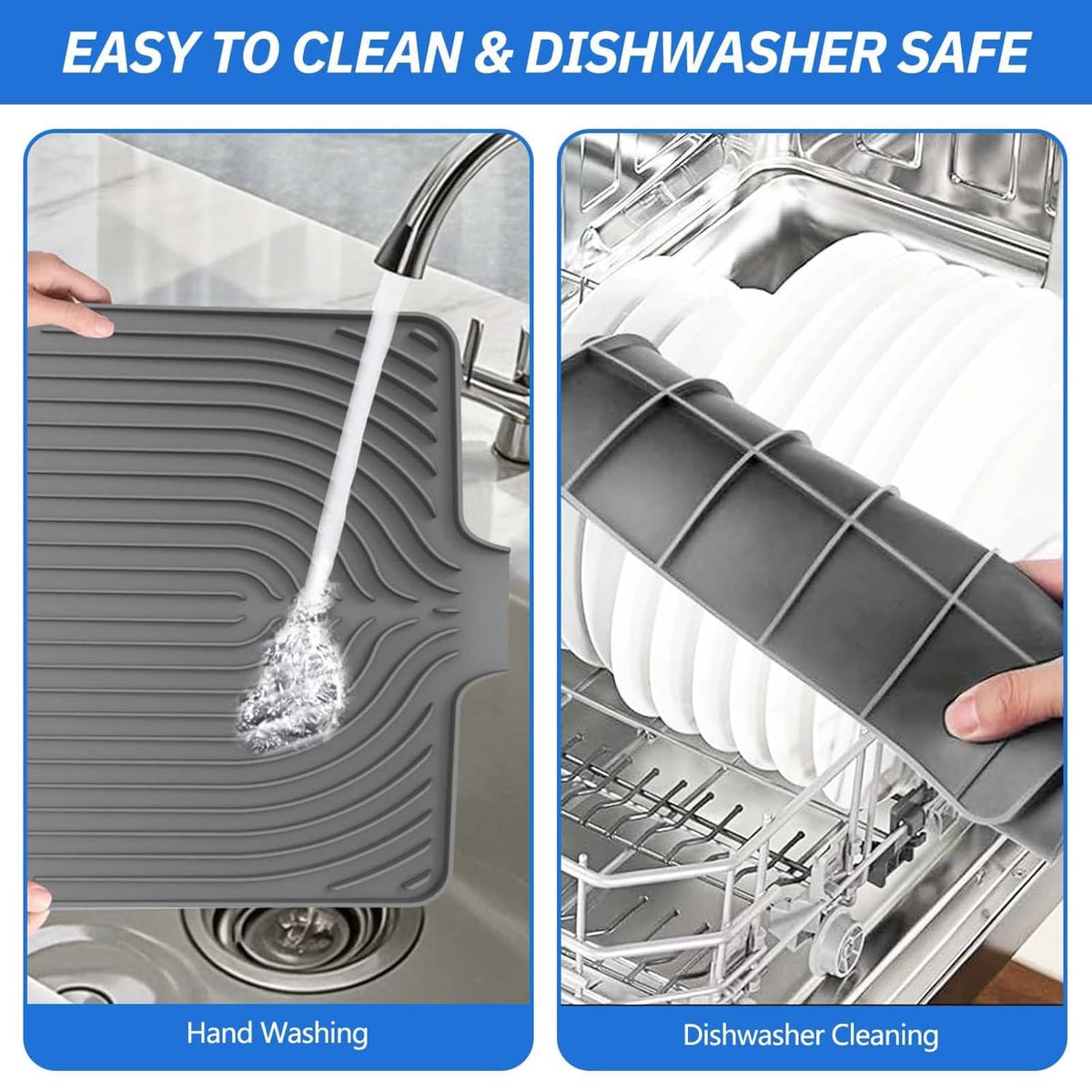 Gray dish drying mat with ribbed grooves, shown being hand washed and dishwasher cleaned