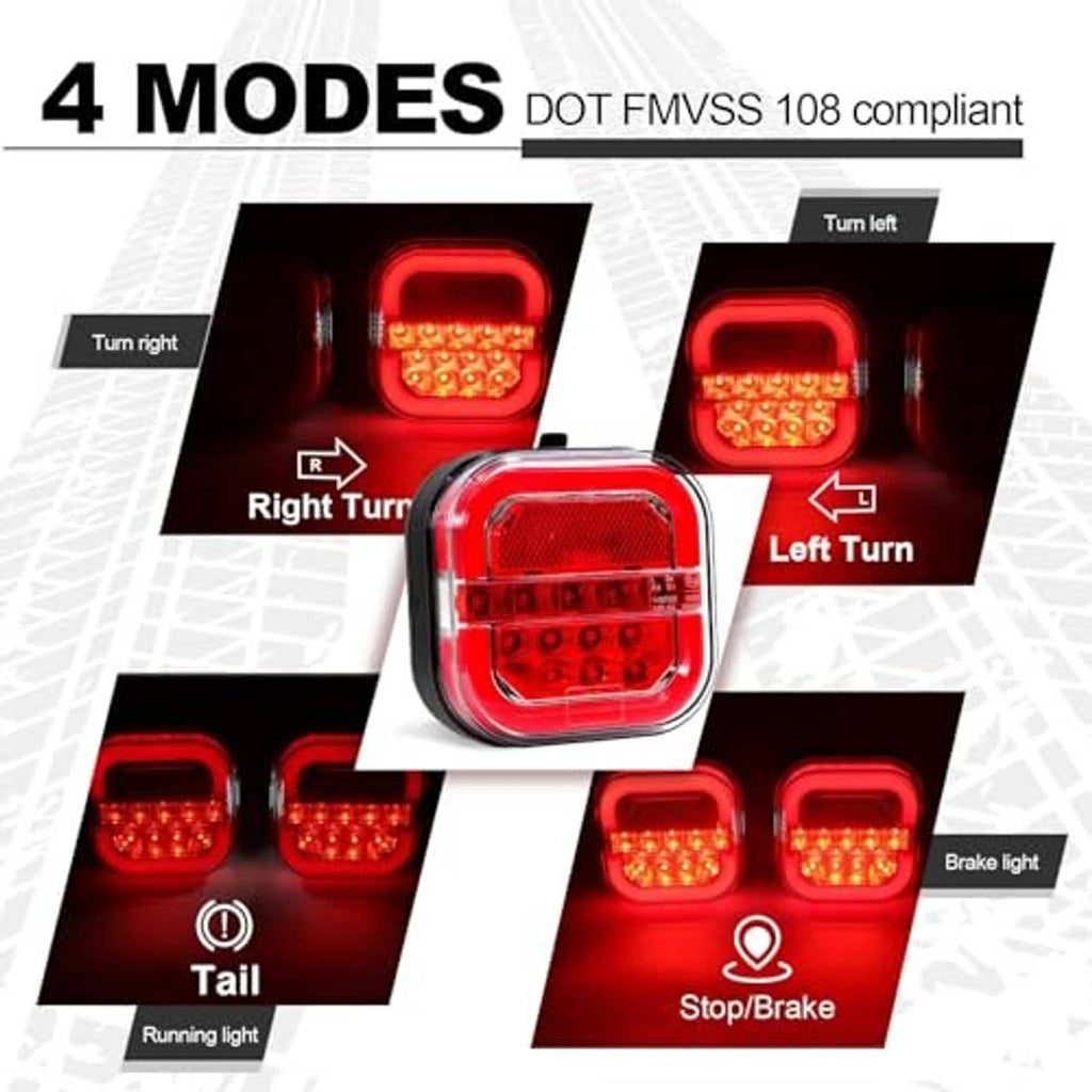 Square red LED trailer lights displaying stop/turn style glow in black housings