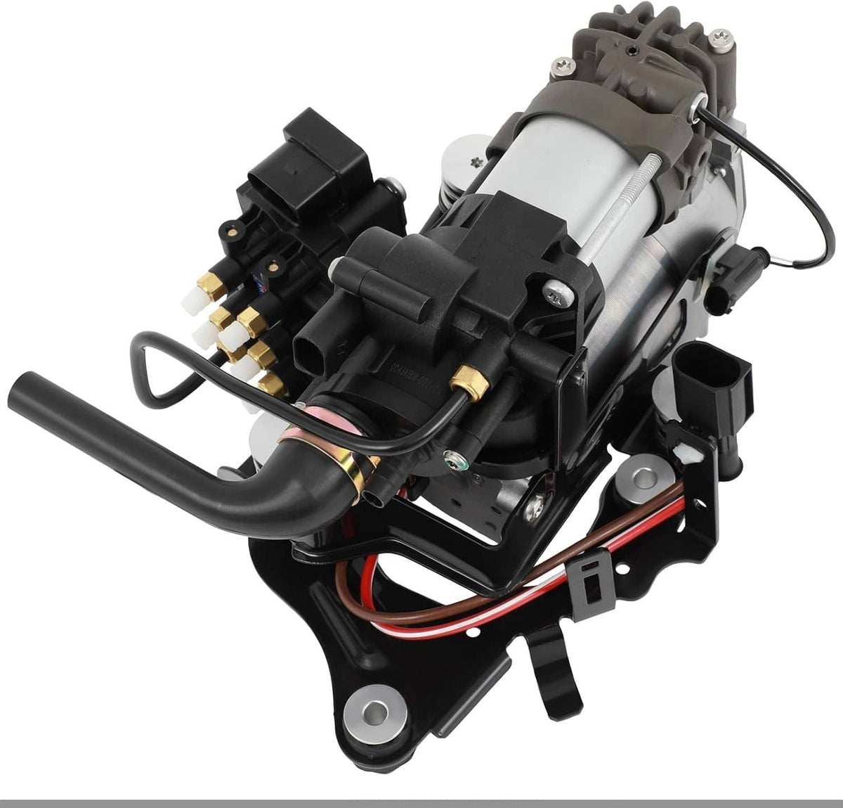 Air suspension compressor pump, rear three-quarter view with black base and red wire leads